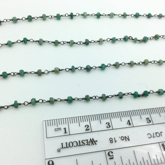 Gunmetal Plated Copper Wrapped Rosary Chain with 3mm Faceted Natural Emerald Green Onyx Rondelle Beads (CH094-GM)- Sold by 1' Cut Sections!