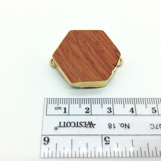 1.25" Natural Red Wood Hexagon Shaped Gold Plated Bezel Connector - Measuring 30mm x 30mm - Sold Individually, Chosen at Random