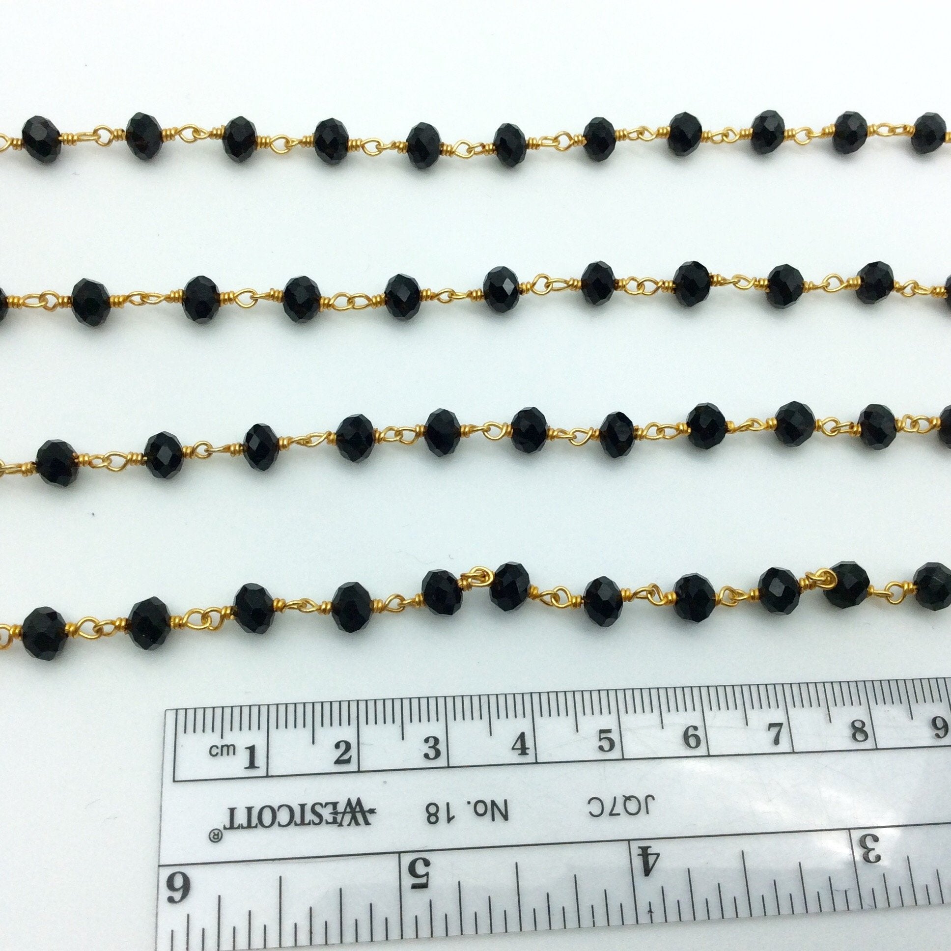Deep Gold Plated Copper Wrapped Rosary Chain with 6mm Faceted Black Glass Crystal Rondelle Beads - Sold By The Foot.