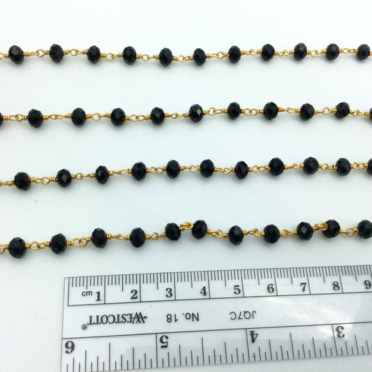 Deep Gold Plated Copper Wrapped Rosary Chain with 6mm Faceted Black Glass Crystal Rondelle Beads - Sold By The Foot.