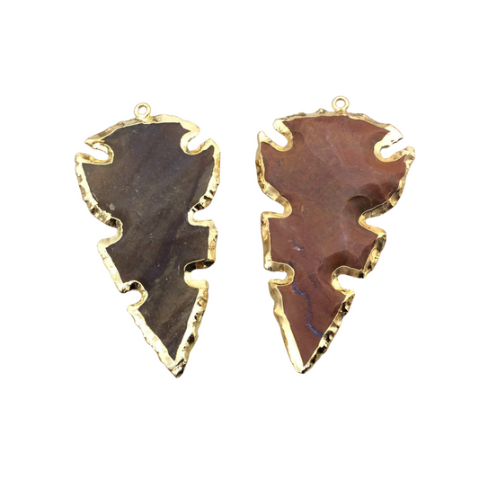 Mixed Jasper Pendant - 1.75-2" Gold Finish Notched Arrowhead Shape Electroplated Design, 45mm-50mm Long (EJ013S), Sold Per Piece, Randomly Selected.