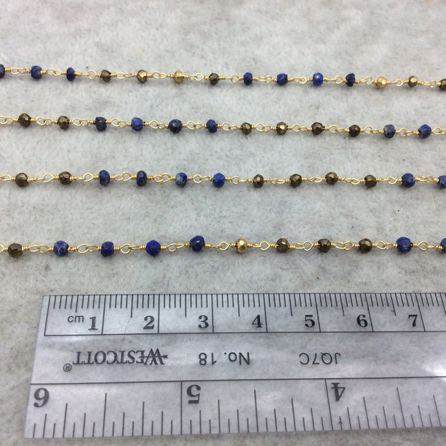 Gold Plated Copper Wrapped Rosary Chain with 3-4mm Faceted Gold Pyrite/Lapis Lazuli Rondelle Beads - Sold by 1' Cut Sections or in Bulk!