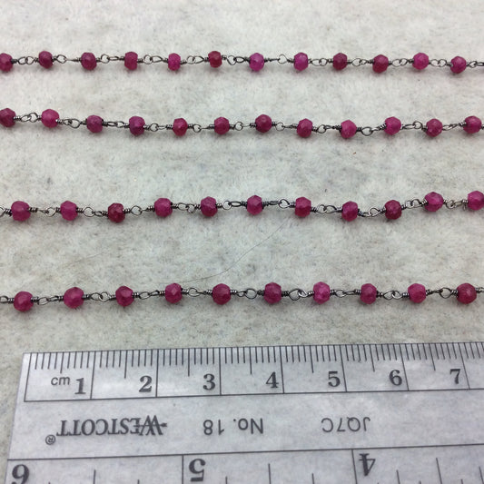 Gunmetal Plated Copper Rosary Chain with Faceted 3-4mm Rondelle Shaped Enhanced Ruby Beads (CH111-GM) - Sold in 1'  Sections!