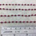 Gunmetal Plated Copper Rosary Chain with Faceted 3-4mm Rondelle Shaped Enhanced Ruby Beads (CH111-GM) - Sold in 1'  Sections!