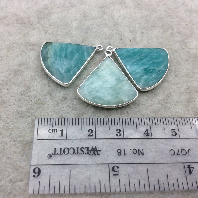 Silver Finish Faceted Green Amazonite Fan Shape Bezel - Plated Copper Pendant Component ~ 22mm x 22mm - Sold Individually
