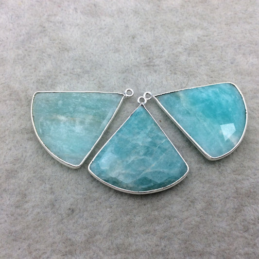 Green Amazonite Bezel | Silver Finish Faceted Fan Shape Copper Plated Pendant Component ~ 30mm x 30mm - Sold Individually
