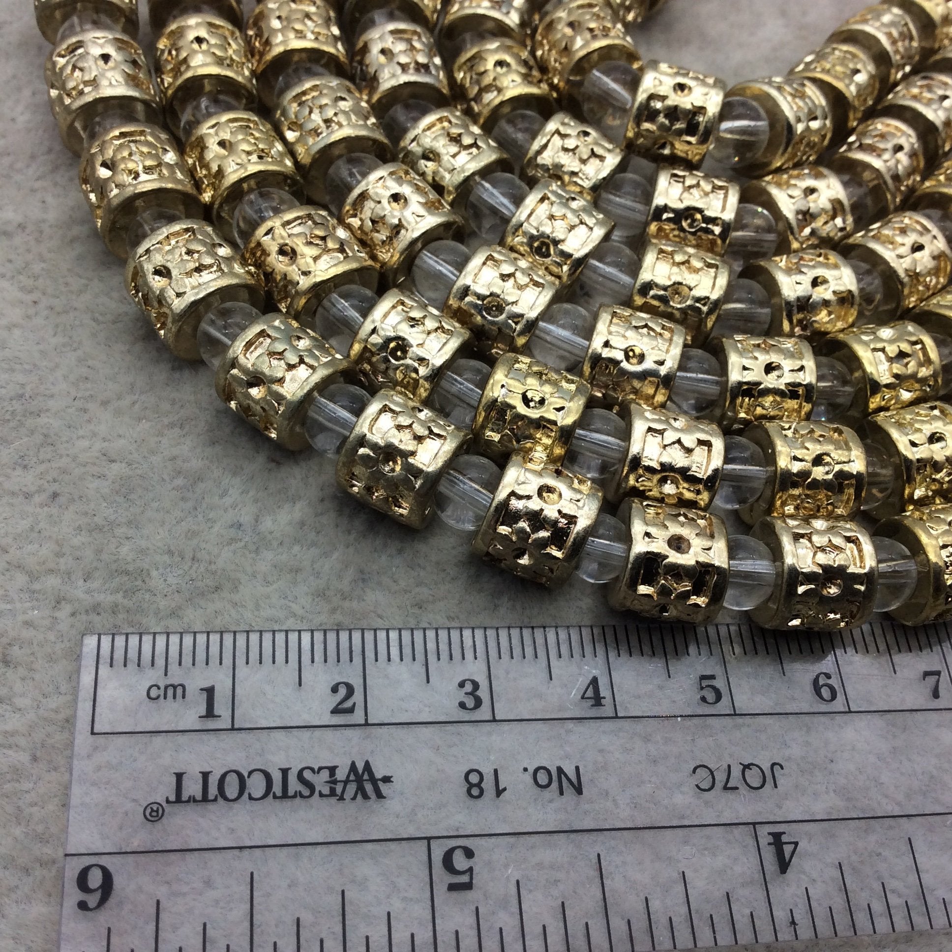Gold Finish Daisy Pattern Tube Shape Plated Pewter Beads (43230)- 8" Strand (Approx. 15 Beads) - 8mm x 8mm - 5mm Hole Size