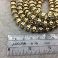 Gold Finish Dot Dash Pattern Wheel/Donut Shape Plated Pewter Beads (25185)- 8" Strand (Approx. 22 Beads) - 5mm x 8mm - 6mm Hole Size