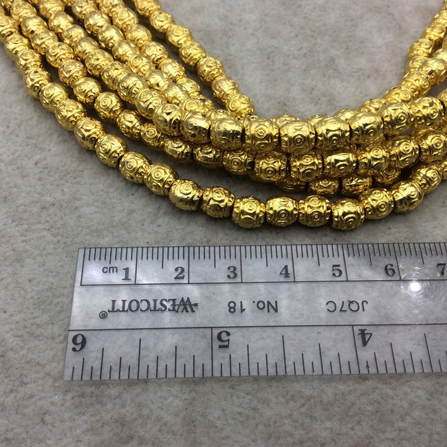 Gold Finish Eye Pattern Barrel/Urn Shape Plated Pewter Beads - 8" Strand (Approx. 30 Beads) - 5mm x 7mm - 3mm Hole Size