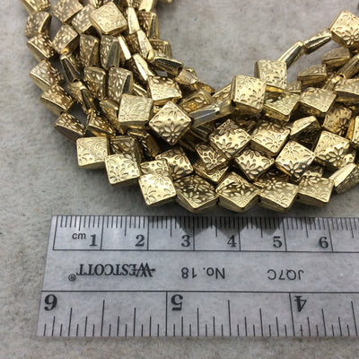 Gold Finish Floral Pattern Diamond Shape Plated Pewter Beads (15178)- 8" Strand (Approx. 23 Beads) - 9mm x 9mm - 1mm Hole Size