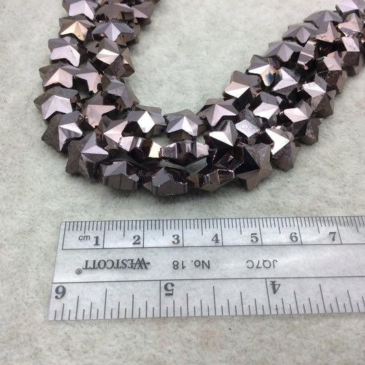 13mm x 13mm Glossy Faceted Transparent/Metallic Metallic Brown Crystal Glass Star Shaped Beads - Sold By 12" Strands (~ 26 Beads)