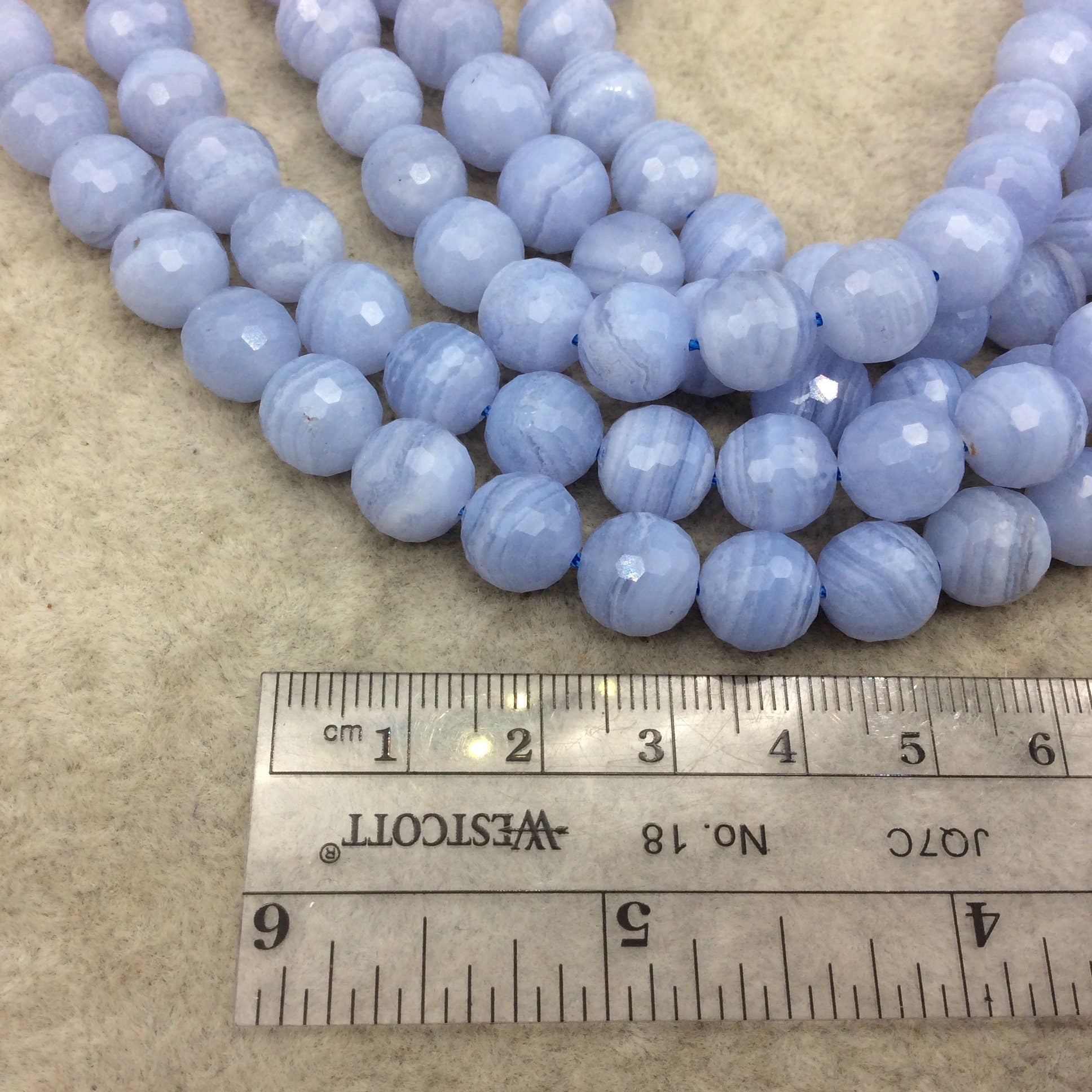 AAA Natural Blue Lace Agate Faceted Glossy Round/Ball Shape Beads W 1mm Holes - Sold by 16" Strands (~ 42 Beads) ~ 10mm Approx.