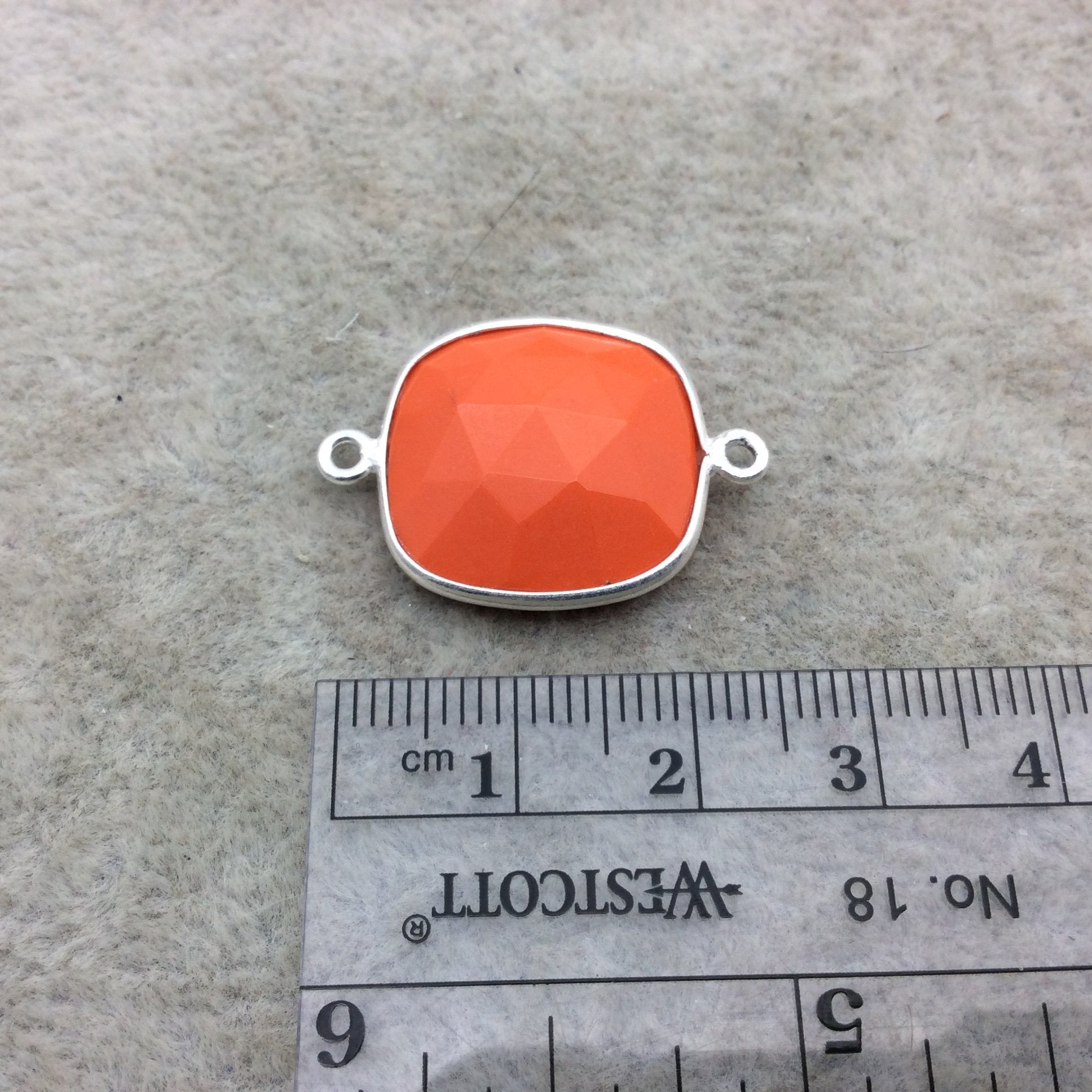 Sterling Silver Faceted Square Shape Opaque Orange  Hydro (Man-made) Chalcedony Bezel Connector ~ 18mm x 18mm - Sold Per Each