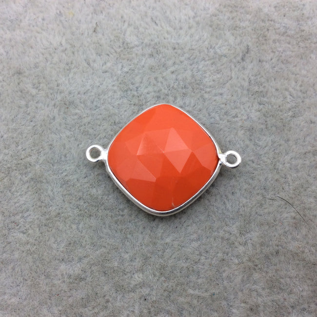 Sterling Silver Faceted Diamond Shape Opaque Orange  Hydro (Man-made) Chalcedony Bezel Connector ~ 18mm x 18mm - Sold Per Each