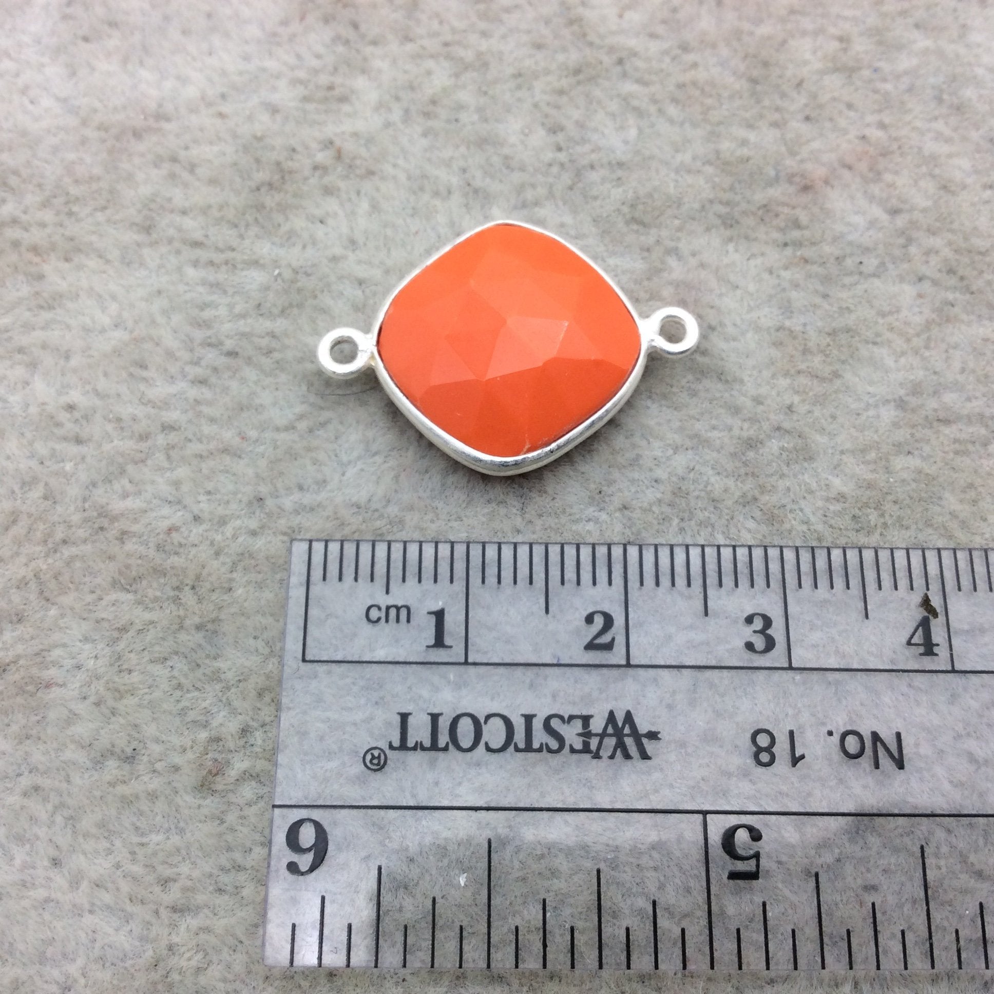 Sterling Silver Faceted Diamond Shape Opaque Orange  Hydro (Man-made) Chalcedony Bezel Connector ~ 15mm x 15mm - Sold Per Each