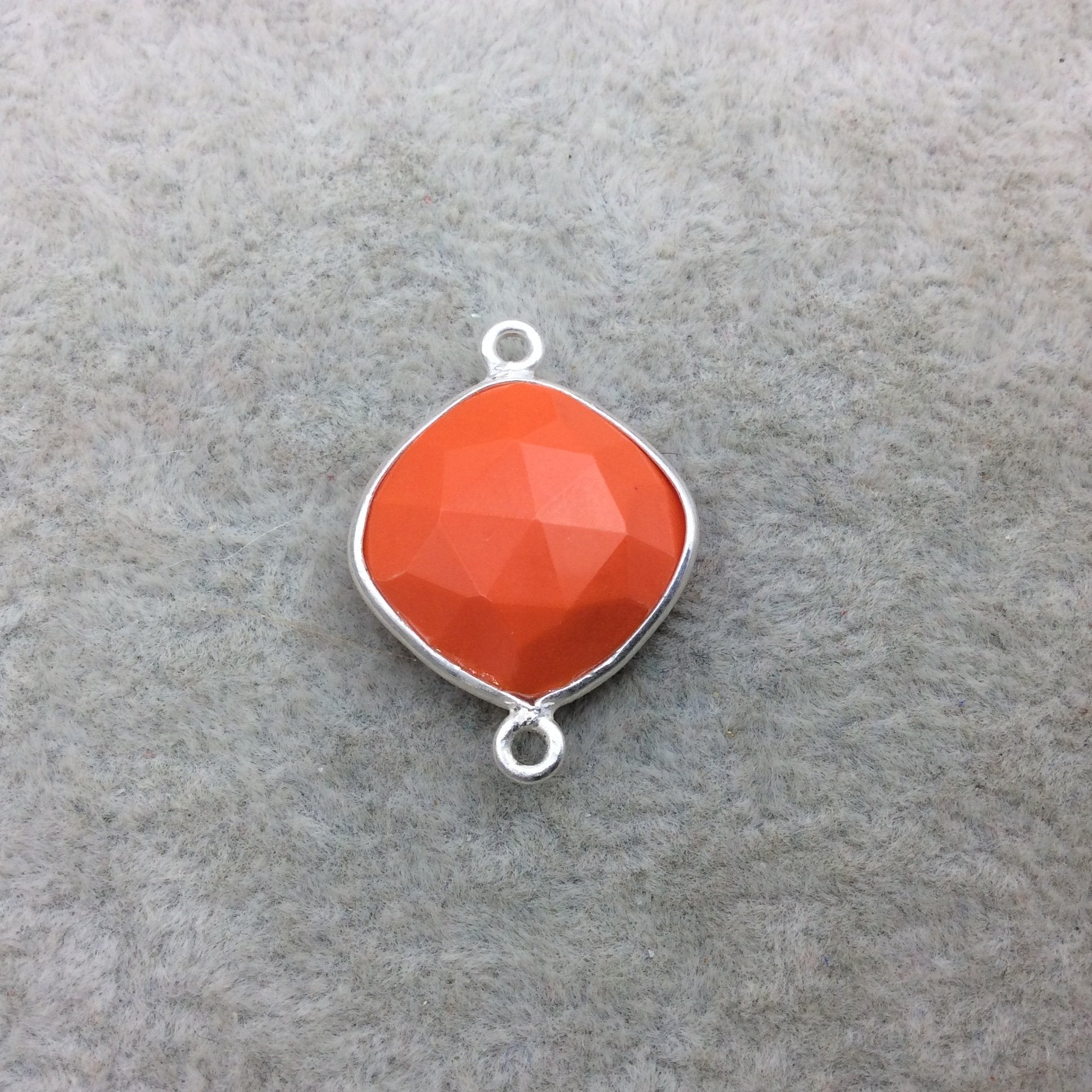 Sterling Silver Faceted Diamond Shape Opaque Orange  Hydro (Man-made) Chalcedony Bezel Connector ~ 15mm x 15mm - Sold Per Each