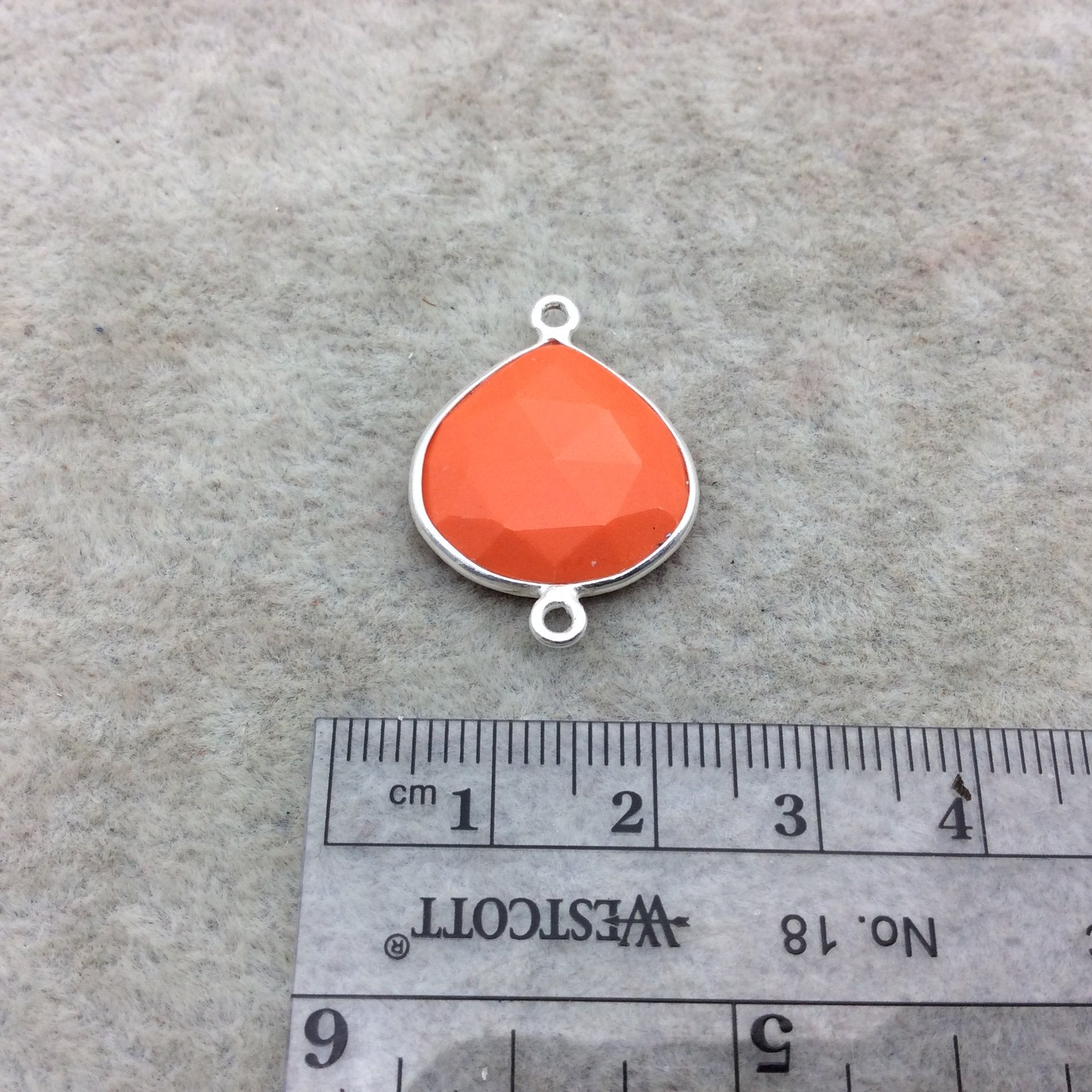 Sterling Silver Faceted Teardrop/Heart Shape Opaque Orange  Hydro (Man-made) Chalcedony Bezel Connector ~ 18mm x 18mm - Sold Per Each