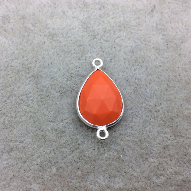 Sterling Silver Faceted Teardrop Shape Opaque Orange  Hydro (Man-made) Chalcedony Bezel Connector ~ 13mm x 18mm - Sold Per Each