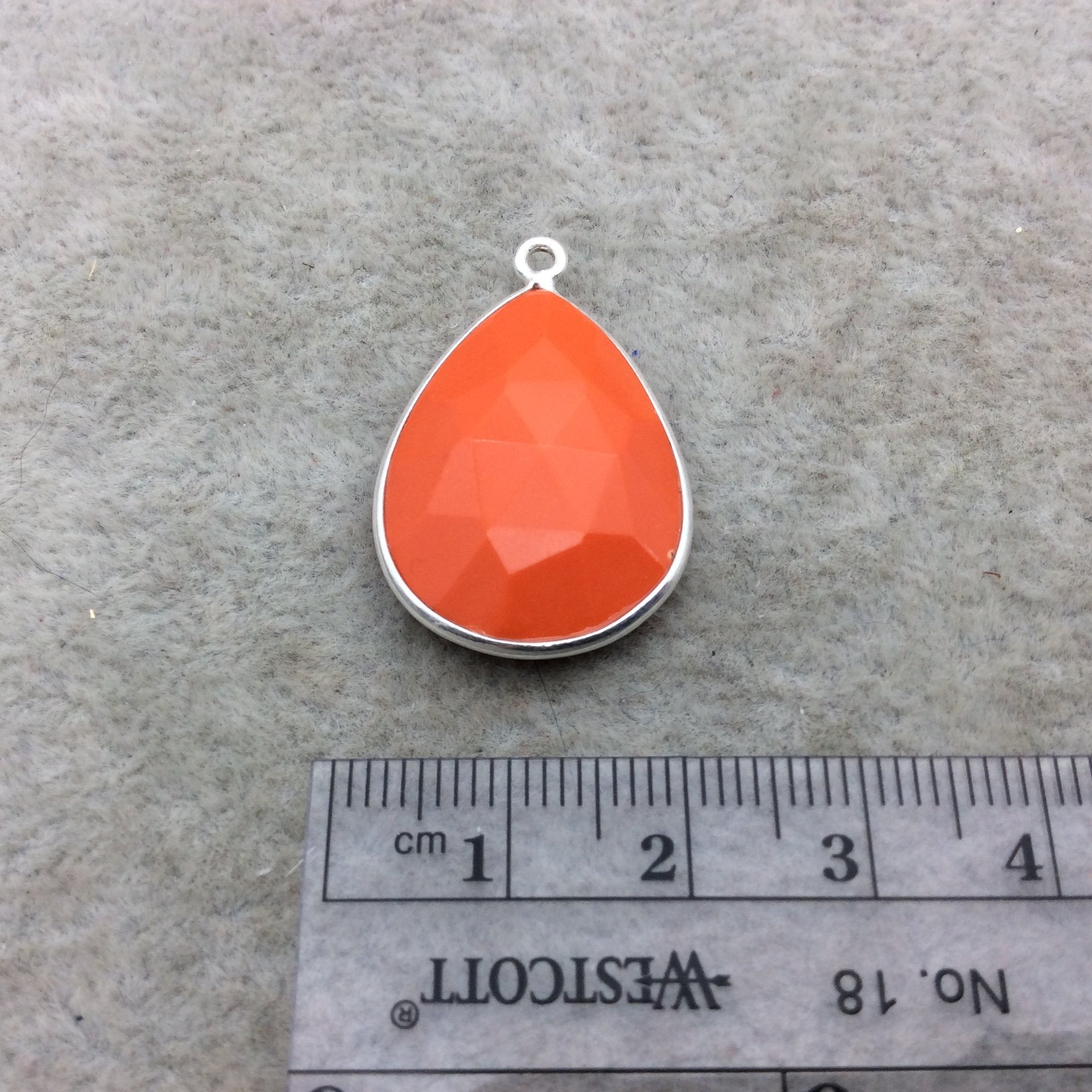 Sterling Silver Faceted Teardrop Shape Opaque Orange  Hydro (Man-made) Chalcedony Bezel Pendant ~ 18mm x 25mm - Sold Per Each