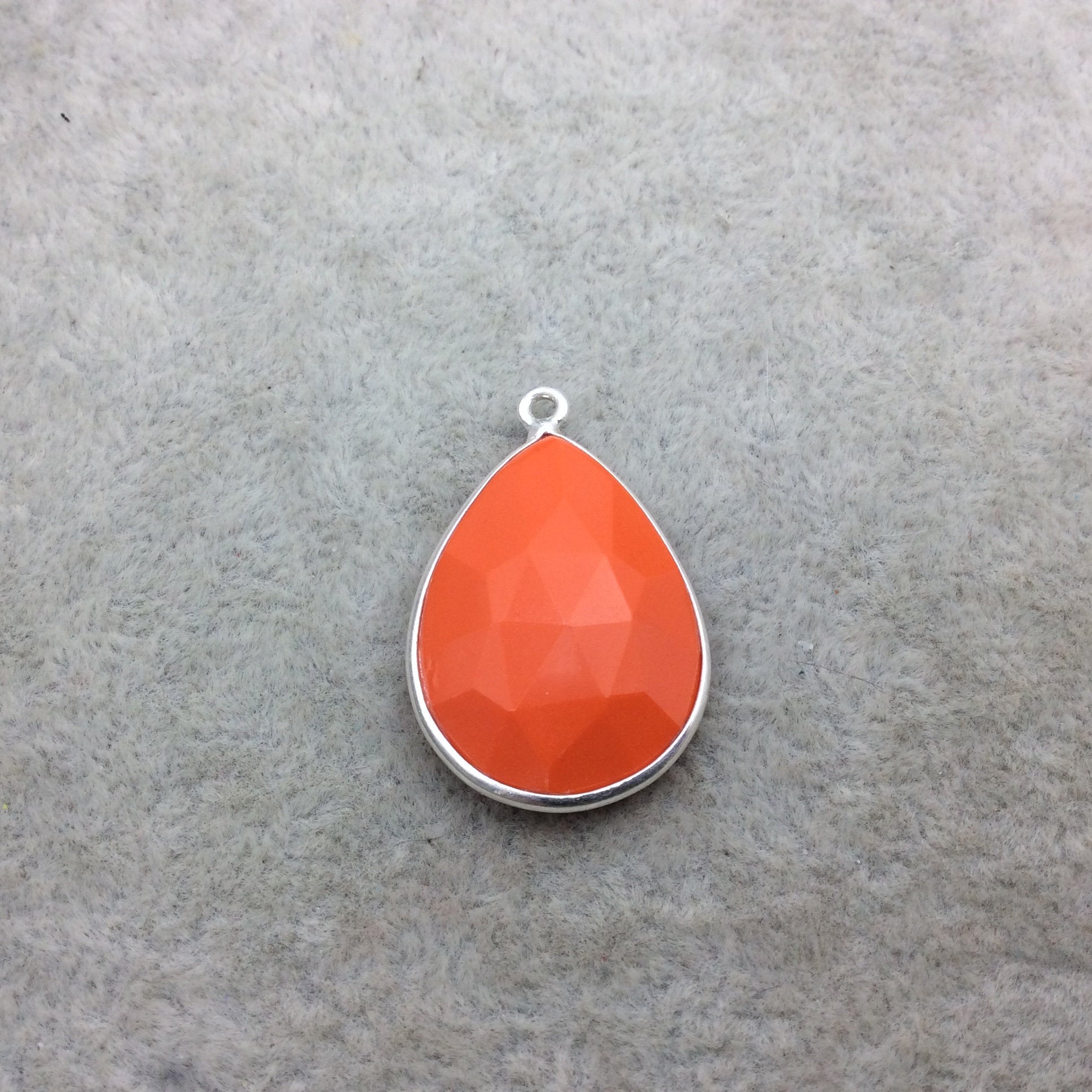 Sterling Silver Faceted Teardrop Shape Opaque Orange  Hydro (Man-made) Chalcedony Bezel Pendant ~ 18mm x 25mm - Sold Per Each