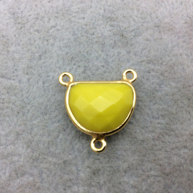 Gold Vermeil Faceted Half Moon Shaped Yellow Hydro (Man-made) Chalcedony Bezel 3 Ring Connector - Measuring 12mm x 16mm - Sold Individually