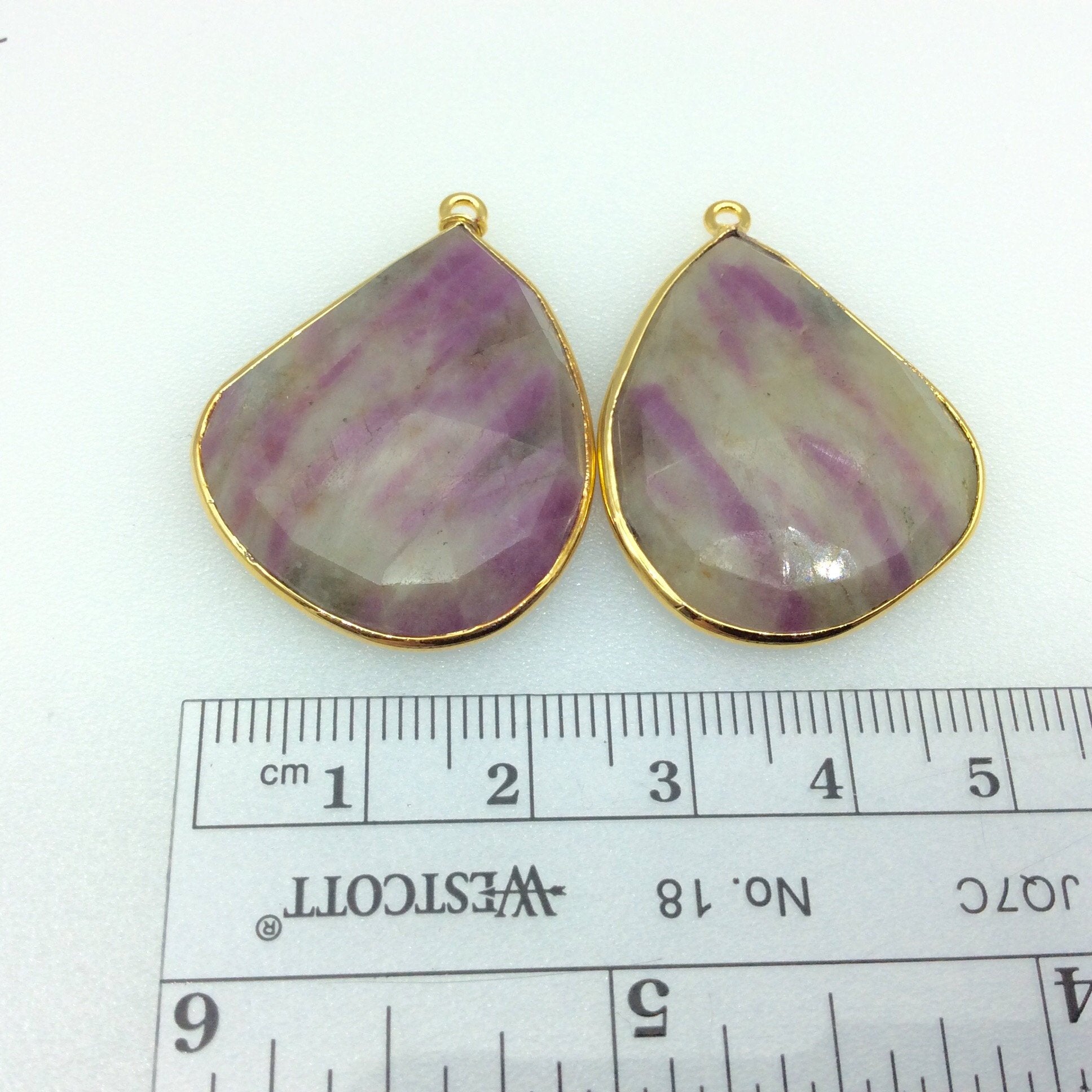 One Pair of OOAK Gold Finish Faceted Ruby in Feldspar Freeform Shaped Bezel Pendants "GA"- Measuring 25mm x 30mm - Natural Gemstone