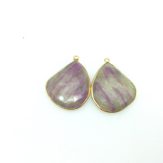 One Pair of OOAK Gold Finish Faceted Ruby in Feldspar Freeform Shaped Bezel Pendants "GA"- Measuring 25mm x 30mm - Natural Gemstone