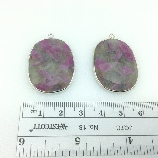 One Pair of OOAK Silver Finish Faceted Ruby in Feldspar Freeform Shaped Bezel Pendants "SA"- Measuring 24mm x 32mm - Natural Gemstone
