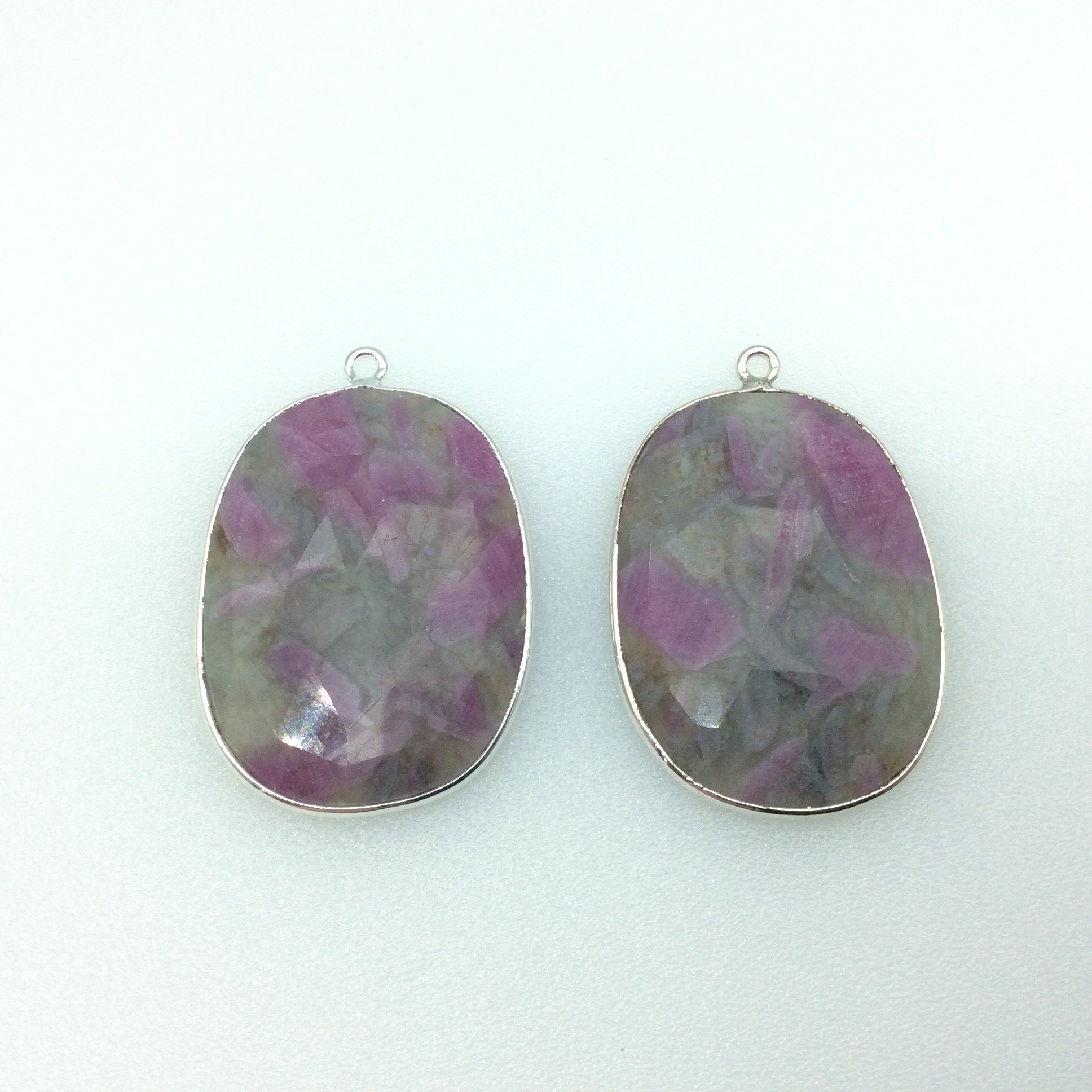 One Pair of OOAK Silver Finish Faceted Ruby in Feldspar Freeform Shaped Bezel Pendants "SA"- Measuring 24mm x 32mm - Natural Gemstone
