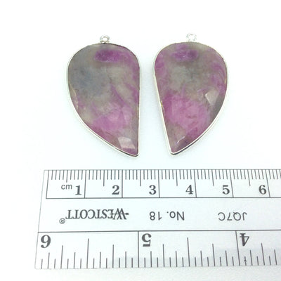 Ruby in Feldspar Bezel | One Pair of OOAK Silver Finish Faceted Freeform Shaped Pendants "SC"- Measuring 22mm x 40mm - Natural Gemstone