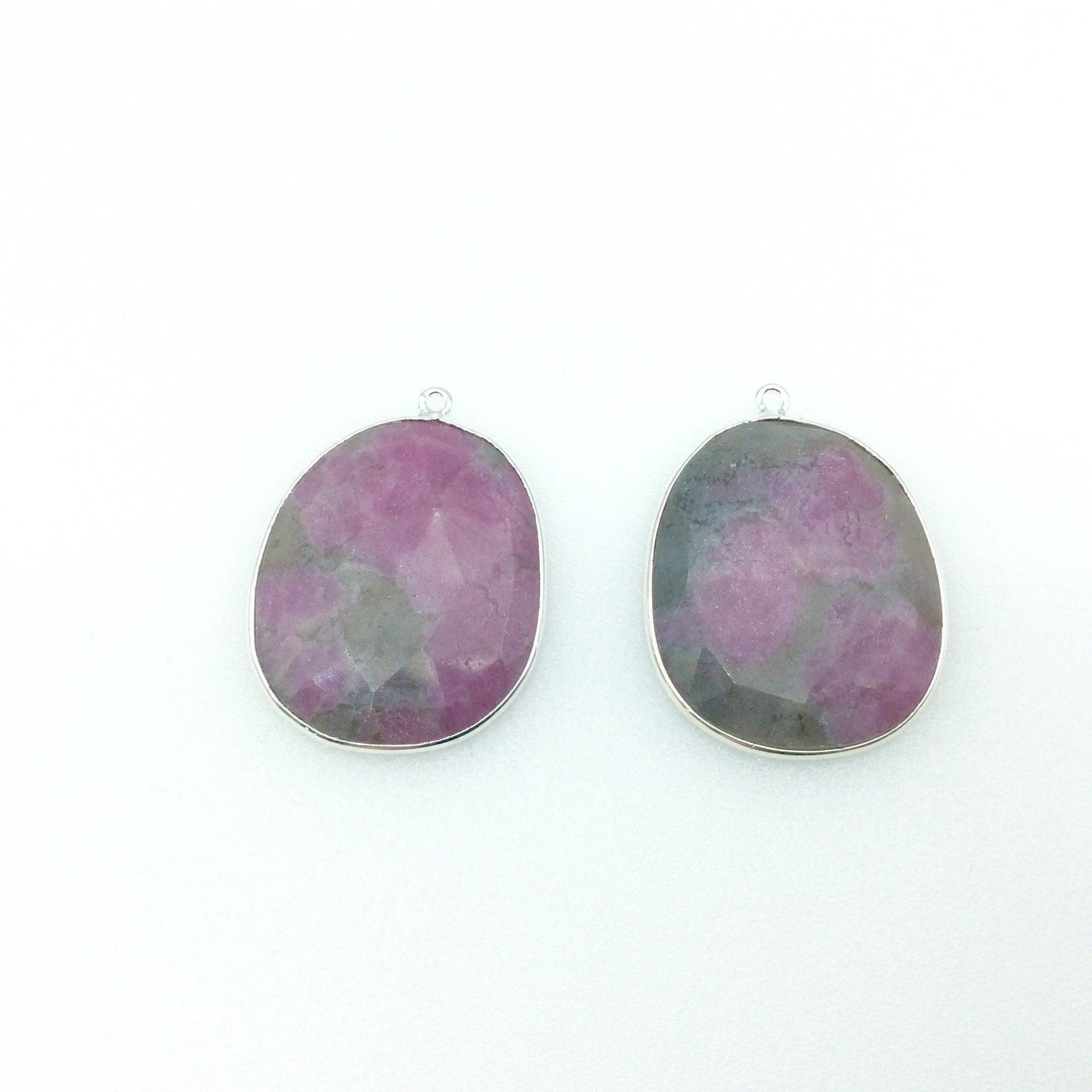 One Pair of OOAK Silver Finish Faceted Ruby in Feldspar Freeform Shaped Bezel Pendants "SD"- Measuring 26mm x 32mm - Natural Gemstone