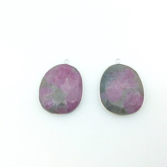 One Pair of OOAK Silver Finish Faceted Ruby in Feldspar Freeform Shaped Bezel Pendants "SD"- Measuring 26mm x 32mm - Natural Gemstone