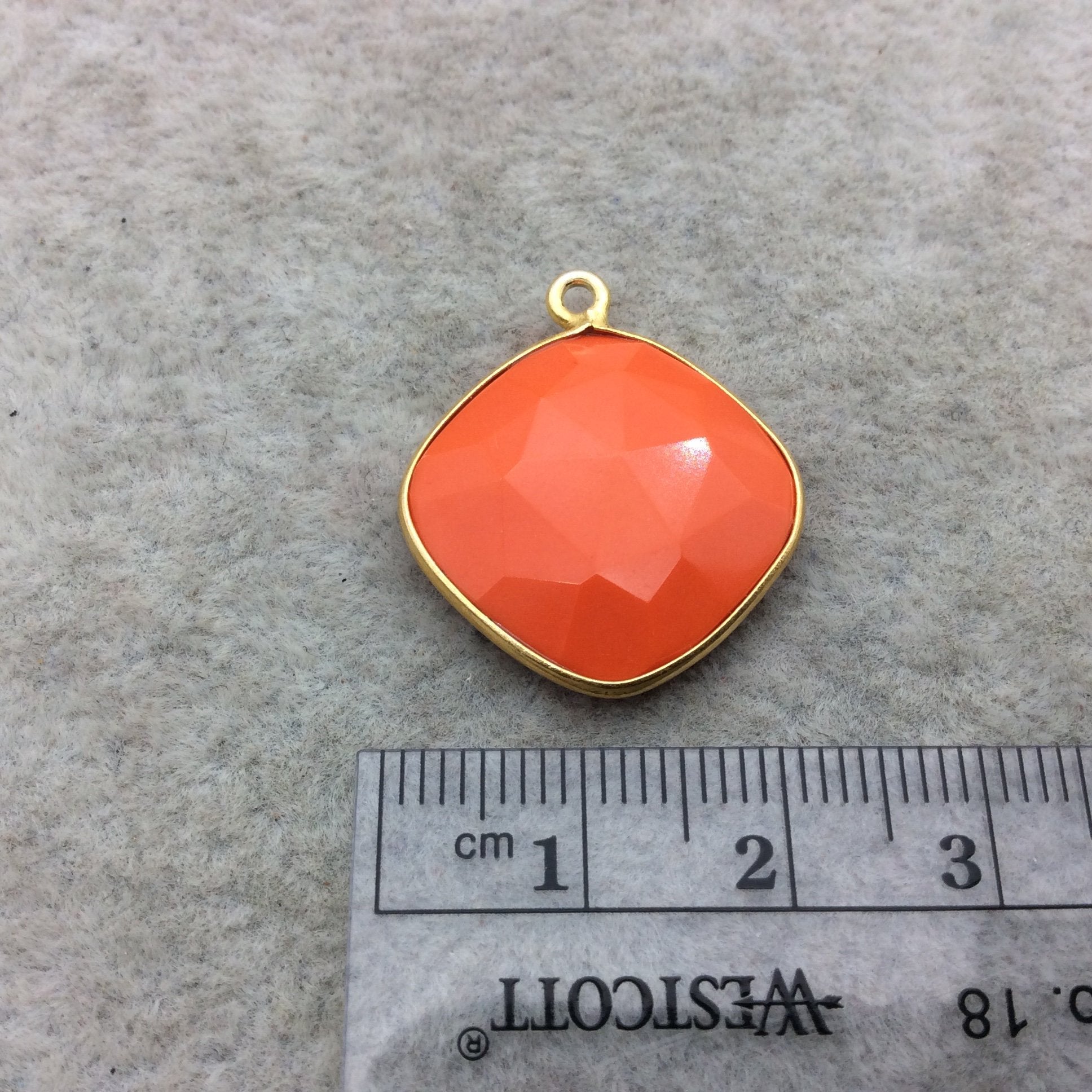 Gold Vermeil Faceted Diamond Shape Opaque Orange  Hydro (Man-made) Chalcedony Bezel Pendant ~ 18mm x 18mm - Sold Per Each