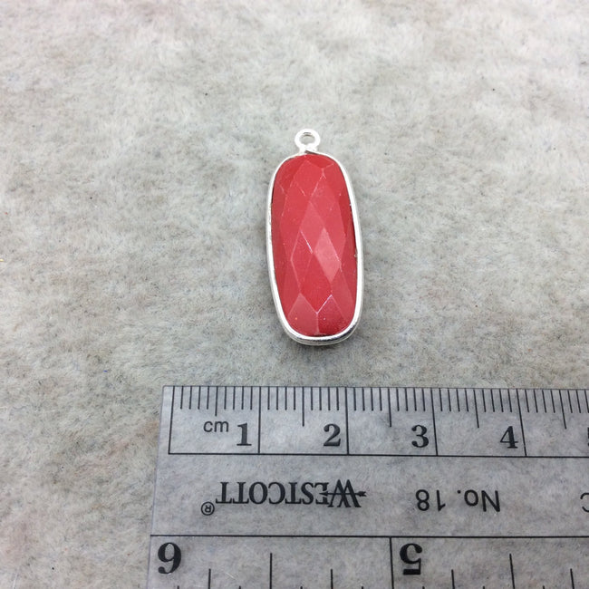 Sterling Silver Faceted Rounded Rectangle Shape Opaque Red  Hydro (Man-made) Chalcedony Bezel Pendant ~ 10mm x 25mm - Sold Per Each