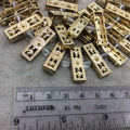 Gold Finish 3 Hole Flat Filigree Rectangle Shape Plated Pewter Beads (01961)- 8" Strand (Approx. 14 Beads) - 8mm x 25mm - THREE 1mm Holes