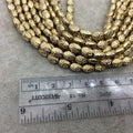 Gold Finish Floral Pattern Oval Shaped Plated Pewter Beads (02125)- 7-8" Strand (Approx. 25 Beads) - Measuring 5mm x 8mm - 1mm Hole Size