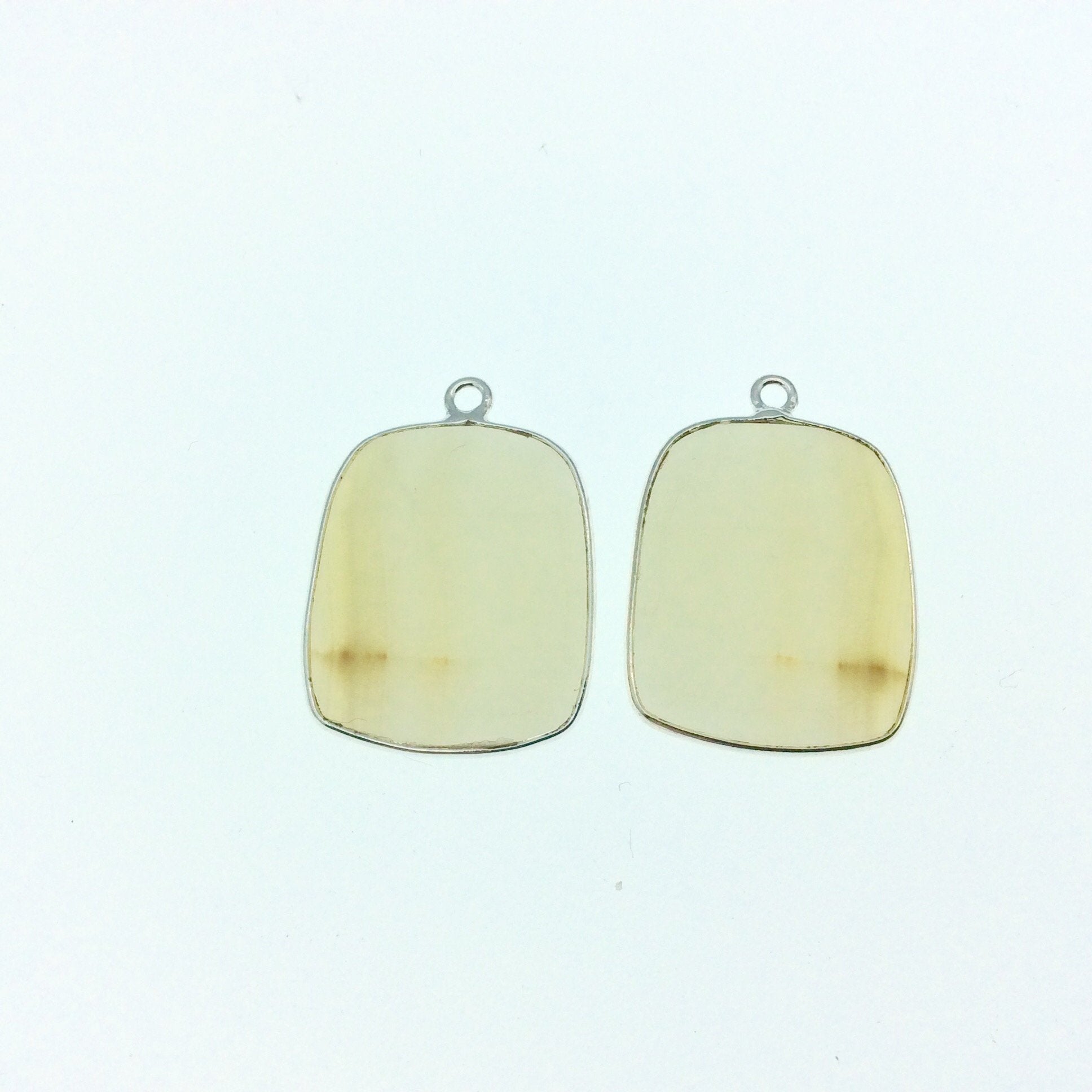 One Pair of OOAK Silver Finish Faceted Yellow Banded Agate Freeform Shaped Bezel Pendants "SF"- Measuring 19mm x 23mm - Natural Gemstone