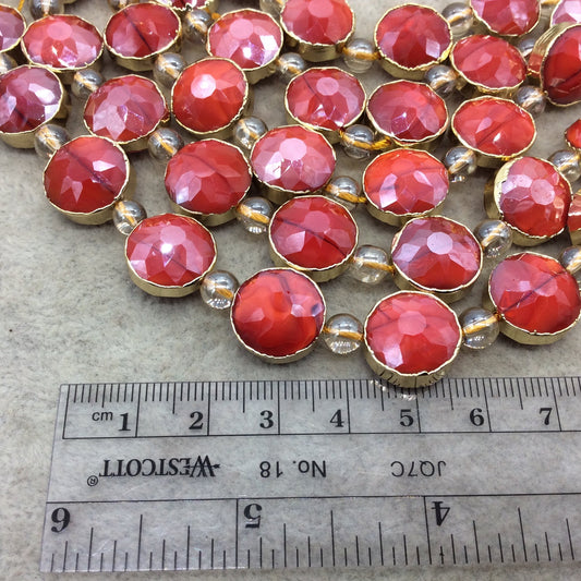 14mm x 14mm Gold Electroplated Glossy Finish Faceted Opaque Cadmium Red Crystal Round/Coin Beads  - Sold by 7" Strands (10 Beads) -