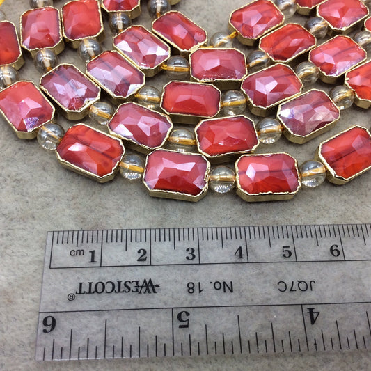 10mm x 14mm Gold Electroplated Glossy Finish Faceted Opaque Cadmium Red Crystal Rectangle Beads  - Sold by 7" Strands (10 Beads) -