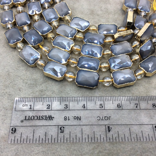 10mm x 14mm Gold Electroplated Glossy Finish Faceted Opaque Gray Crystal Rectangle Beads  - Sold by 7" Strands (10 Beads) -