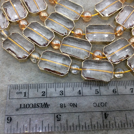 13mm x 18mm Gold Electroplated Glossy Finish Faceted Transparent Clear Crystal Rectangle Beads  - Sold by 7" Strands (8 Beads) -