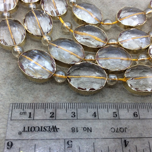 16mm x 20mm Gold Electroplated Glossy Finish Faceted Transparent Clear Crystal Oval Beads  - Sold by 7" Strands (7 Beads) -