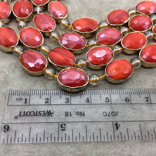 12mm x 16mm Gold Electroplated Glossy Finish Faceted Opaque Orange Red Crystal Oval Beads  - Sold by 7" Strands (9 Beads) -