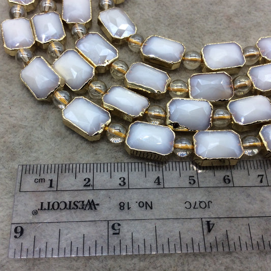 10mm x 14mm Gold Electroplated Glossy Finish Faceted Opaque White Crystal Rectangle Beads  - Sold by 7" Strands (10 Beads) -