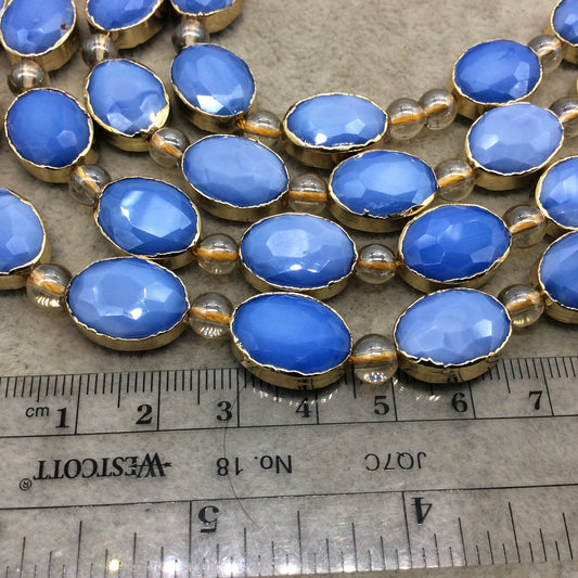 12mm x 16mm Gold Electroplated Glossy Finish Faceted Opaque Periwinkle Blue Crystal Oval Beads  - Sold by 7" Strands (9 Beads) -