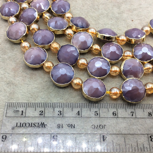 14mm x 14mm Gold Electroplated Glossy Finish Faceted Opaque Orchid Purple Crystal Round/Coin Beads  - Sold by 7" Strands (10 Beads) -