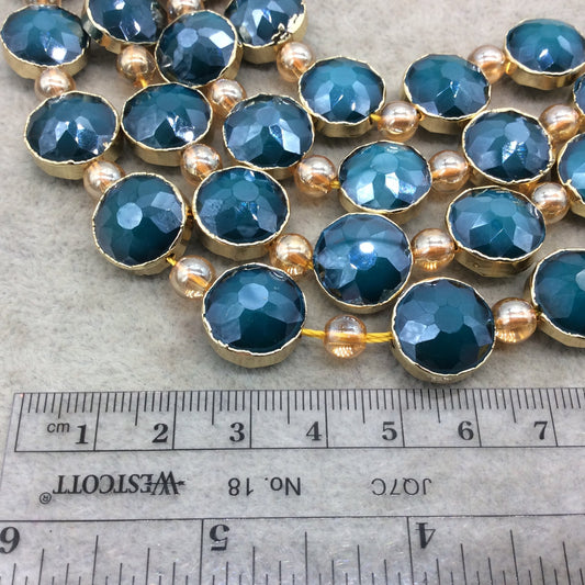 14mm x 14mm Gold Electroplated Glossy Finish Faceted Opaque Teal Crystal Round/Coin Beads  - Sold by 7" Strands (10 Beads) -
