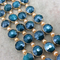 14mm x 14mm Gold Electroplated Glossy Finish Faceted Opaque Teal Crystal Round/Coin Beads  - Sold by 7" Strands (10 Beads) -