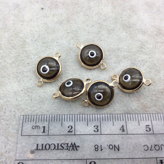 Gold Plated  Smooth Transparent Smoky Evil Eye Glass  Round/Coin Shaped Bezel Connector - Measuring 10mm x 10mm - Sold Individually