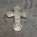 Heavy Rustic/Textured Cross Shaped Silver Plated Brass Pendant with Attached Bail  - Measuring 61mm x 74mm - Sold Individually